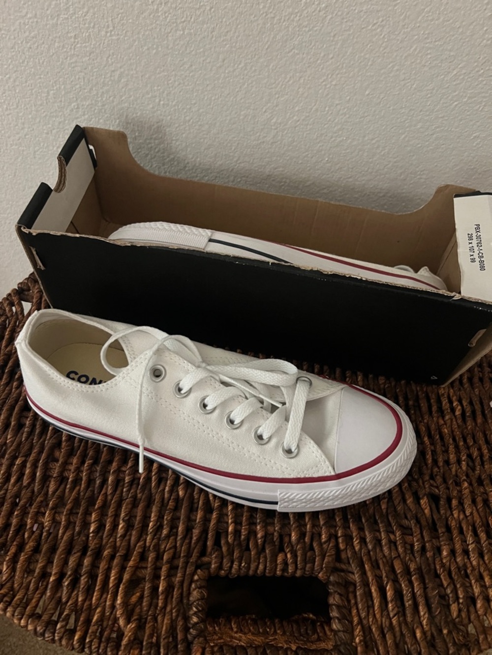 Converse White Canvas Low Top Sneakers with Red & Blue Trim